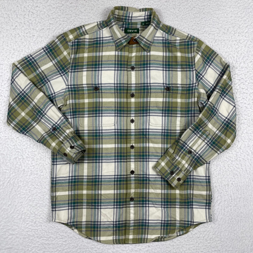 Orvis Flannel Shirt Mens Medium Green Plaid Long Sleeve Button Up Outdoor Casual
